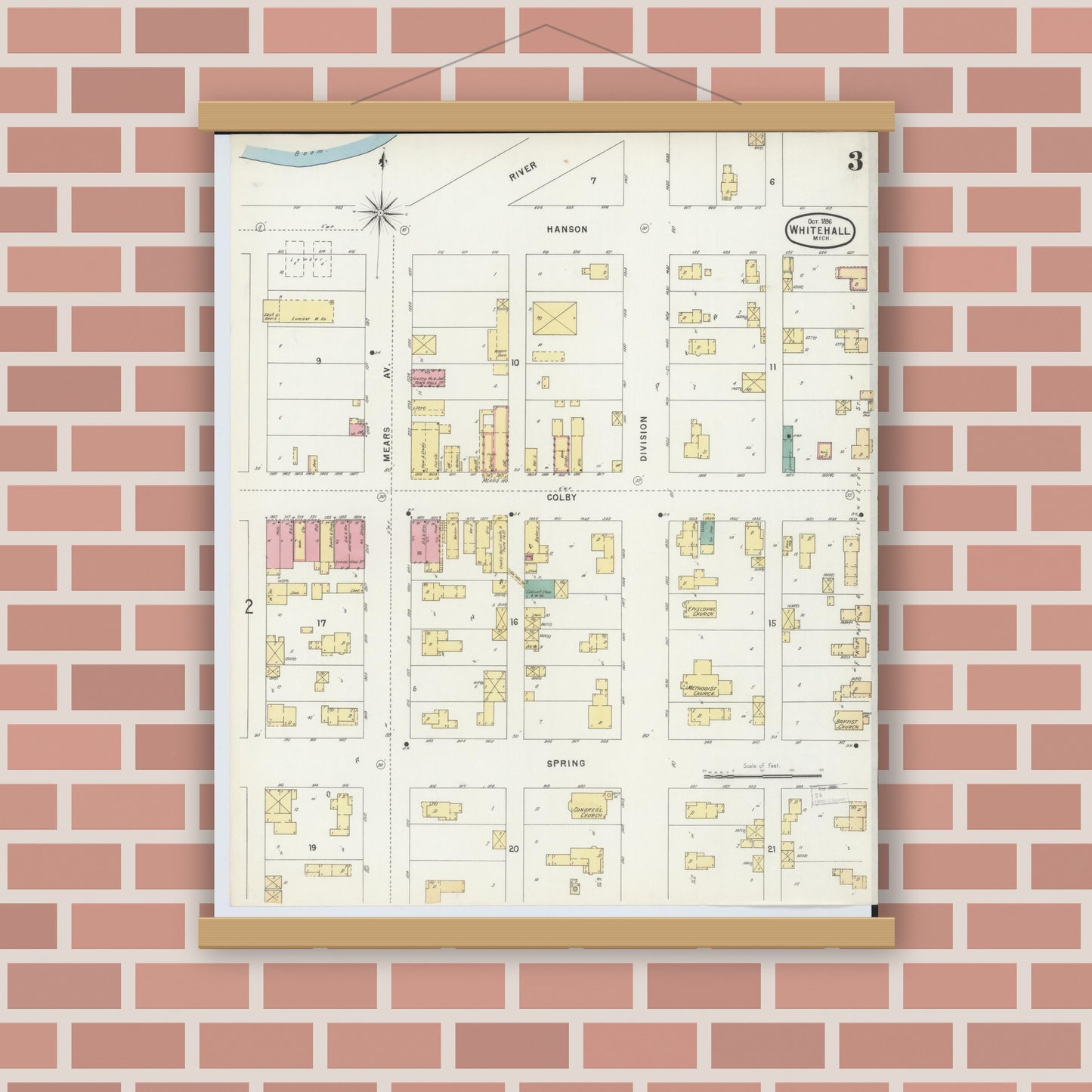 Old map wall art mockup — magnetic wood frame on brick wall — Sanborn Fire Insurance Map from Whitehall, Muskegon County, Michigan (1896), Sheet #0003