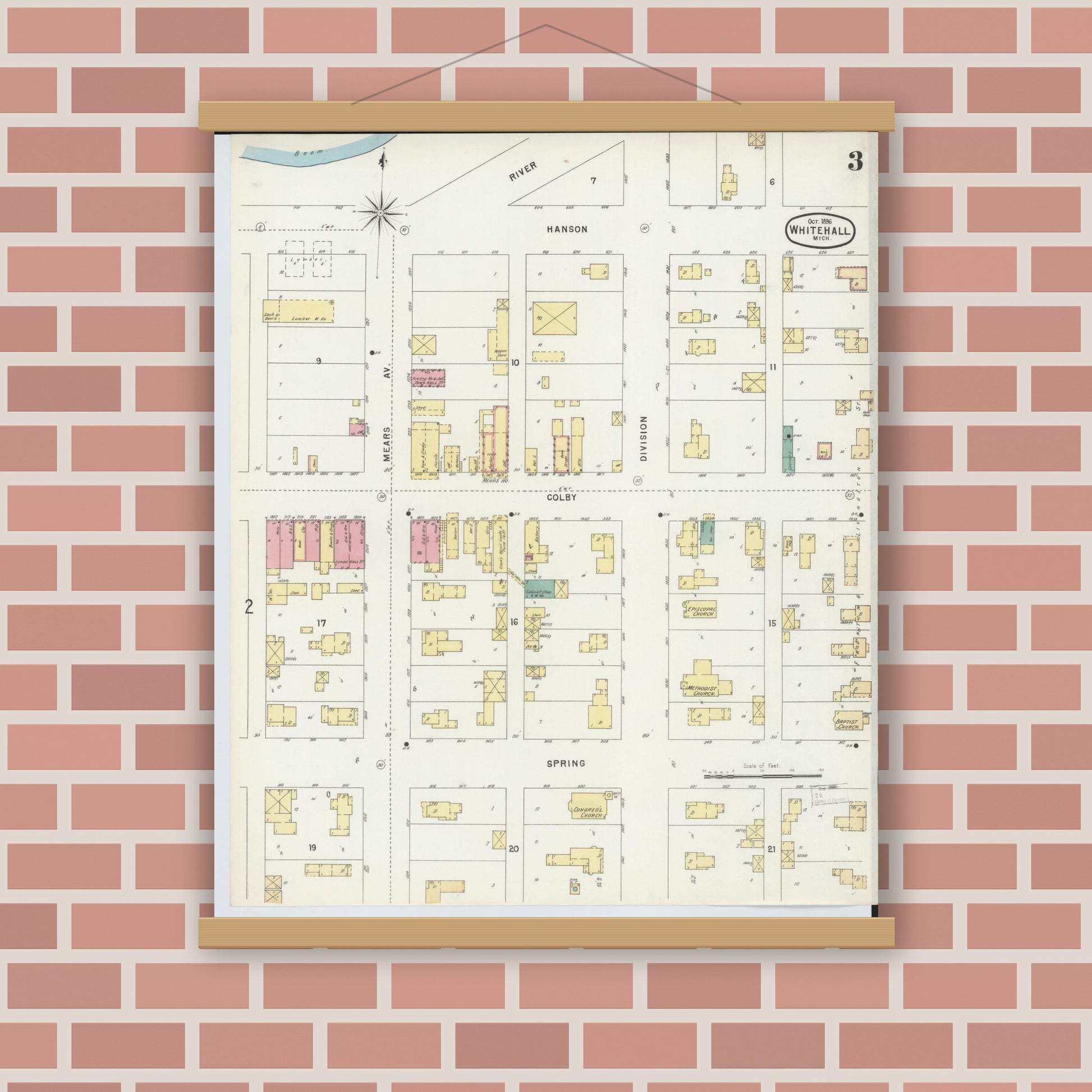 Old map wall art mockup — magnetic wood frame on brick wall — Sanborn Fire Insurance Map from Whitehall, Muskegon County, Michigan (1896), Sheet #0003