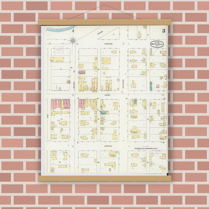 Old map wall art mockup — magnetic wood frame on brick wall — Sanborn Fire Insurance Map from Whitehall, Muskegon County, Michigan (1896), Sheet #0003