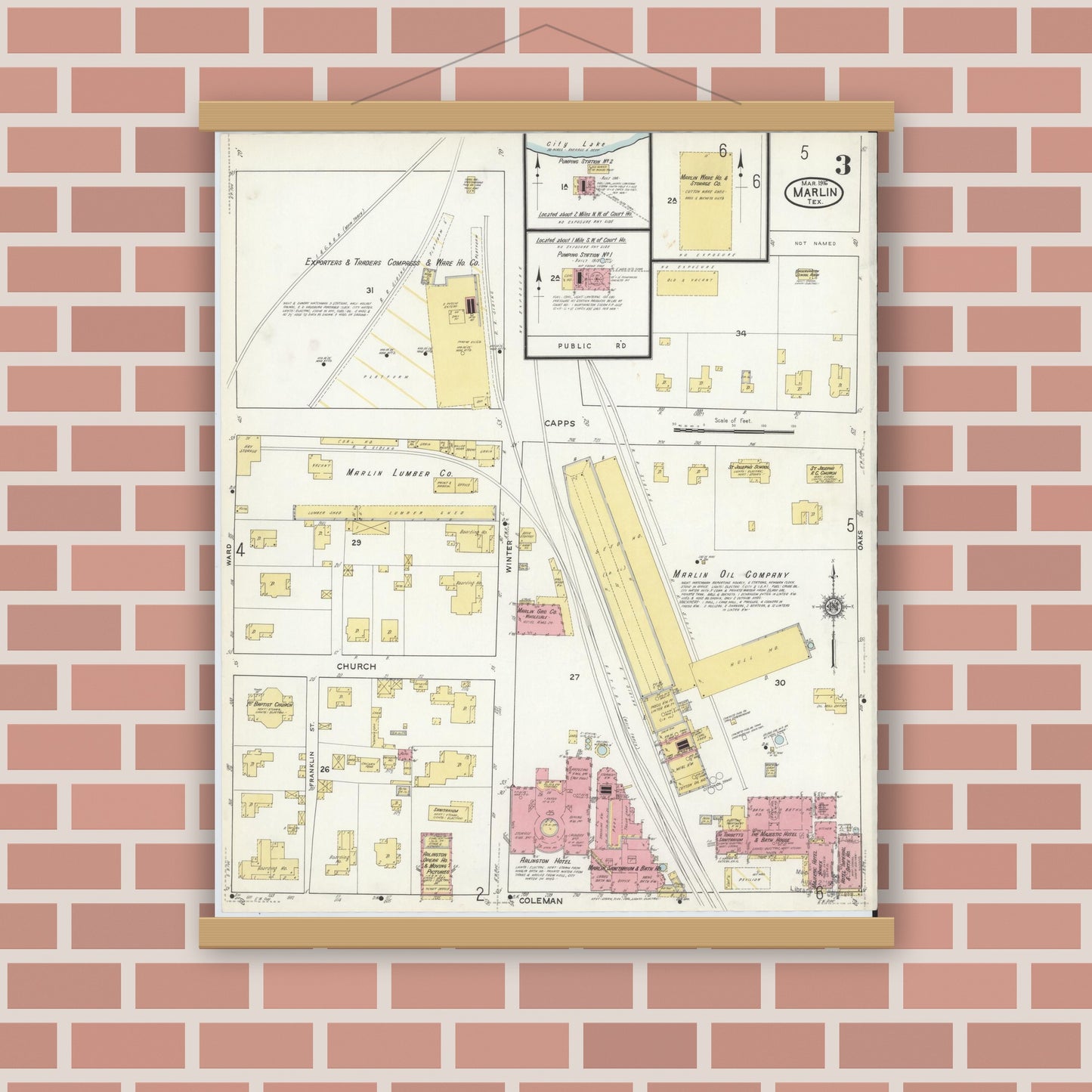 Old map wall art mockup — magnetic wood frame on brick wall — Sanborn Fire Insurance Map from Marlin, Falls County, Texas (1916), Sheet #0003