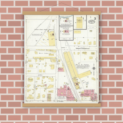 Old map wall art mockup — magnetic wood frame on brick wall — Sanborn Fire Insurance Map from Marlin, Falls County, Texas (1916), Sheet #0003