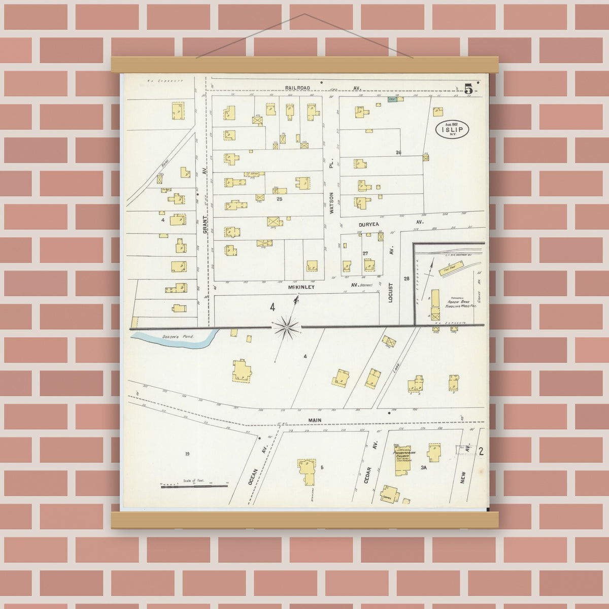 Old map wall art mockup — magnetic wood frame on brick wall — Sanborn Fire Insurance Map from Islip, Suffolk County, New York (1902), Sheet #0005