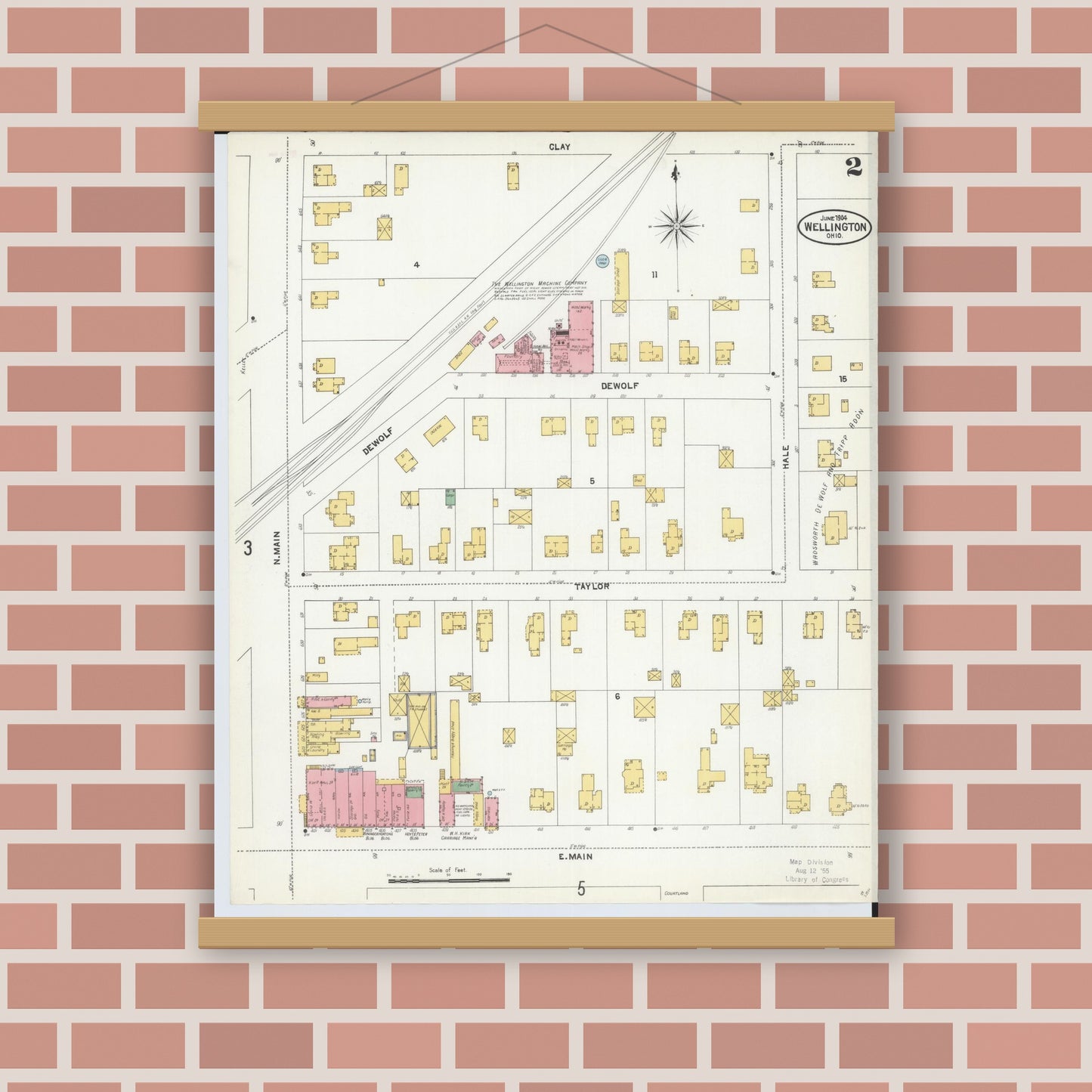 Old map wall art mockup — magnetic wood frame on brick wall — Sanborn Fire Insurance Map from Wellington, Lorain County, Ohio (1904), Sheet #0002