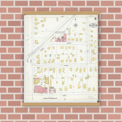 Old map wall art mockup — magnetic wood frame on brick wall — Sanborn Fire Insurance Map from Wellington, Lorain County, Ohio (1904), Sheet #0002