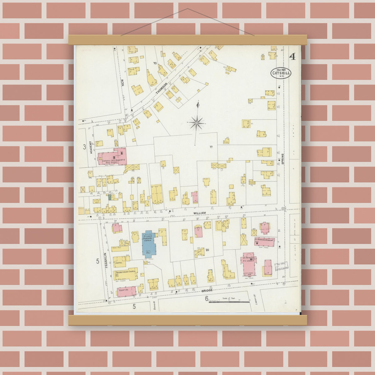 Old map wall art mockup — magnetic wood frame on brick wall — Sanborn Fire Insurance Map from Catskill, Greene County, New York (1903), Sheet #0004