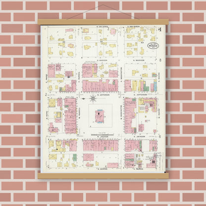 Old map wall art mockup — magnetic wood frame on brick wall — Sanborn Fire Insurance Map from Monroe, Green County, Wisconsin (1908), Sheet #0004
