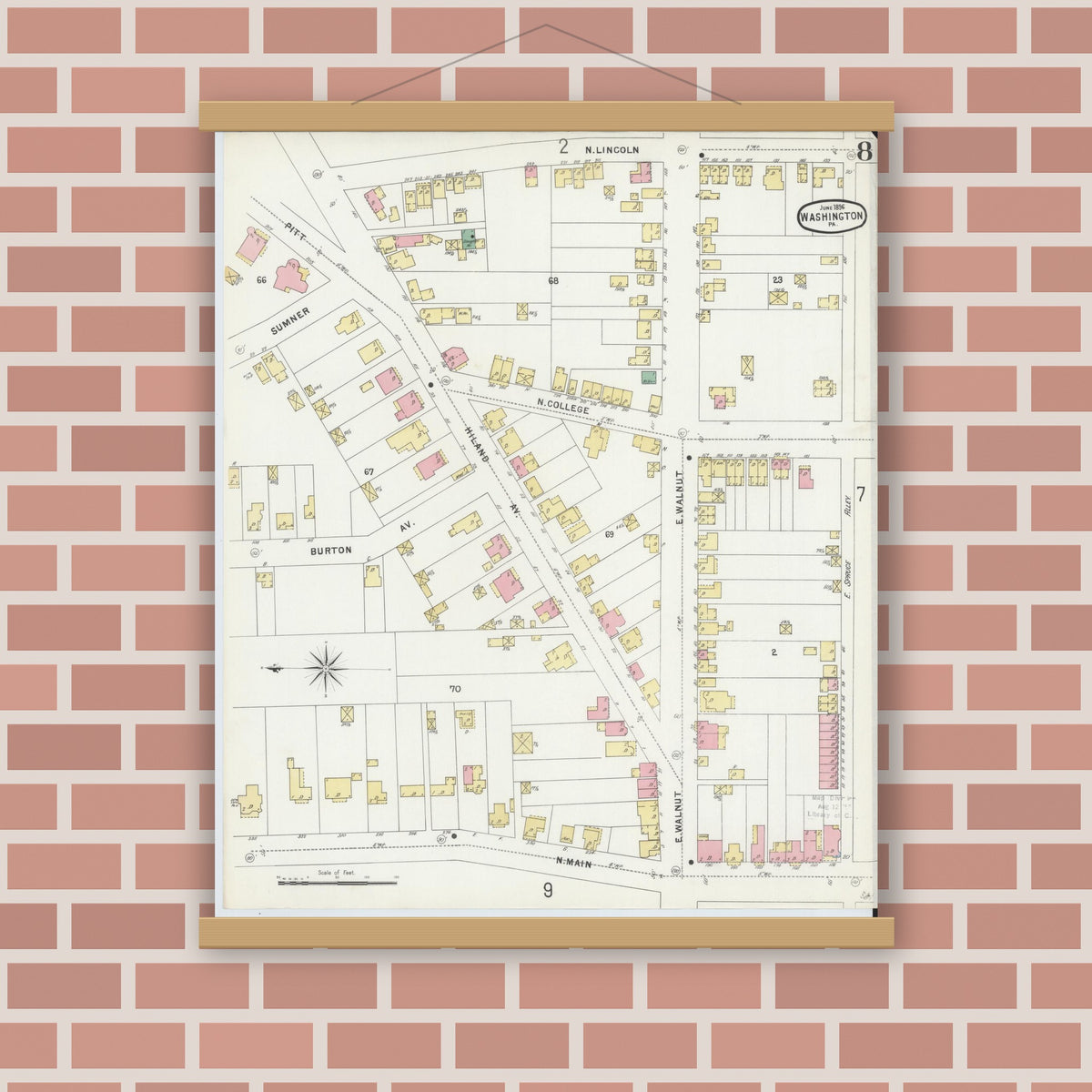 Old map wall art mockup — magnetic wood frame on brick wall — Sanborn Fire Insurance Map from Washington, Washington County, Pennsylvania (1896), Sheet #0008