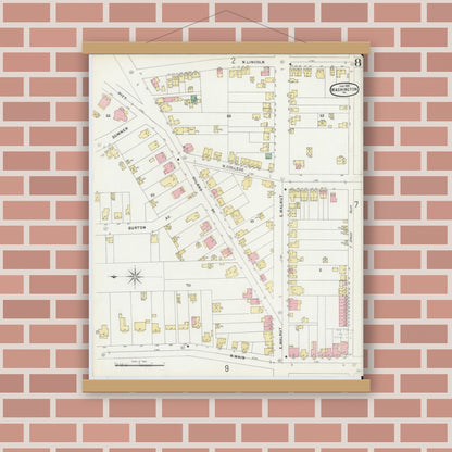 Old map wall art mockup — magnetic wood frame on brick wall — Sanborn Fire Insurance Map from Washington, Washington County, Pennsylvania (1896), Sheet #0008