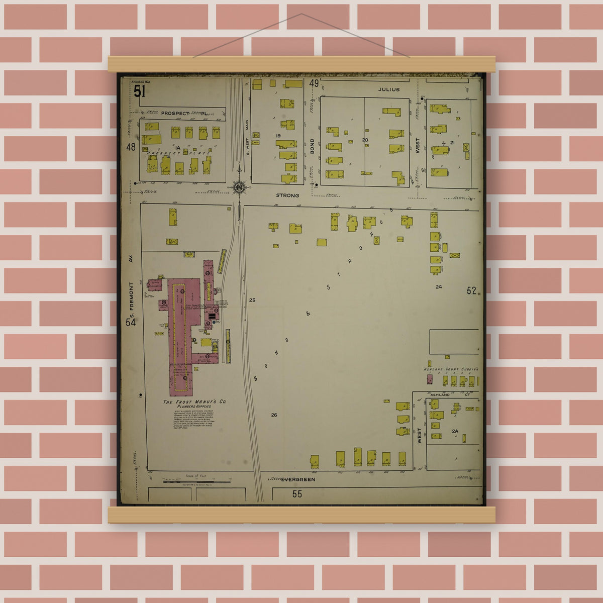 Old map wall art mockup — magnetic wood frame on brick wall — Sanborn Fire Insurance Map from Kenosha, Kenosha County, Wisconsin. (1918), Sheet 55