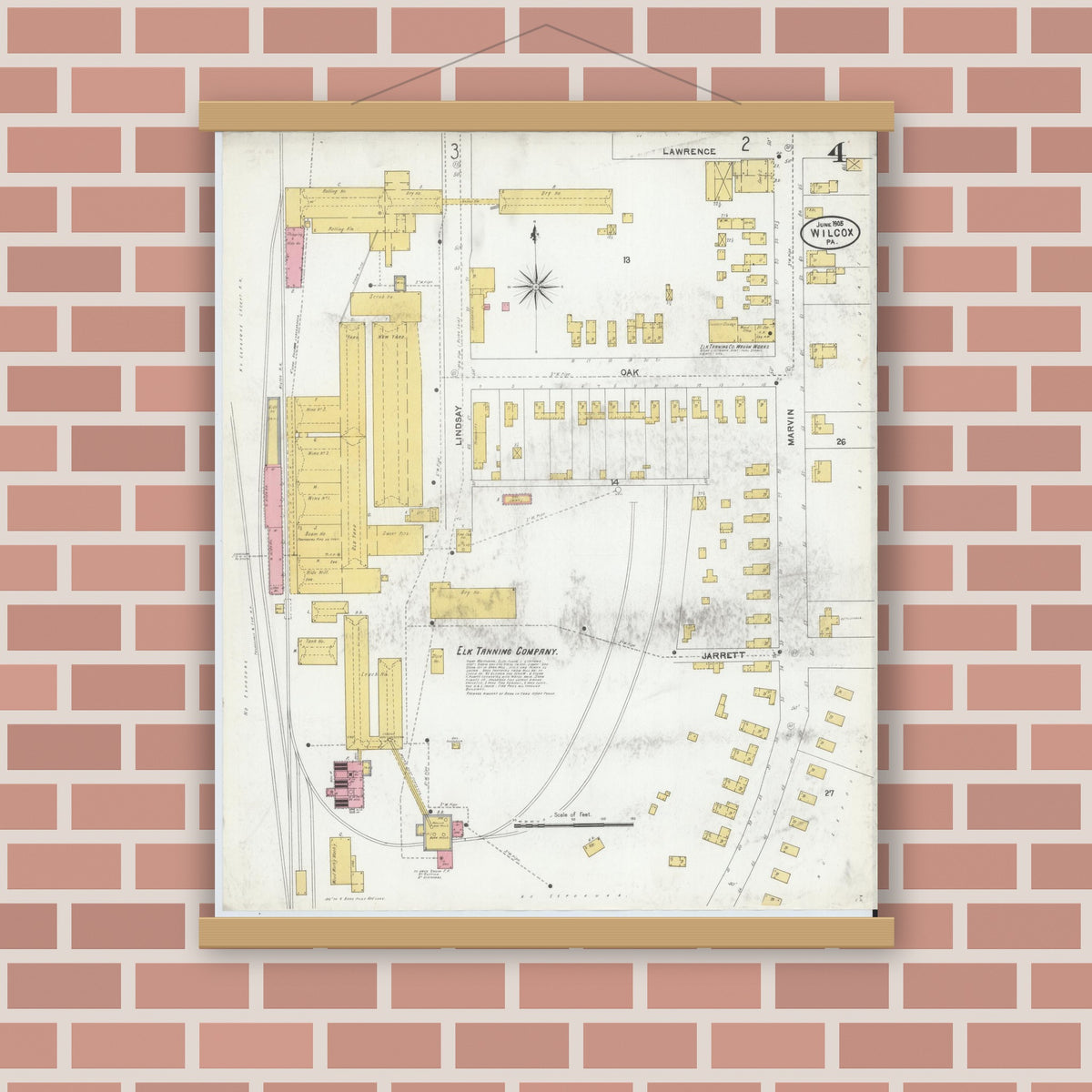 Old map wall art mockup — magnetic wood frame on brick wall — Sanborn Fire Insurance Map from Wilcox, Elk County, Pennsylvania (1905), Sheet #0004