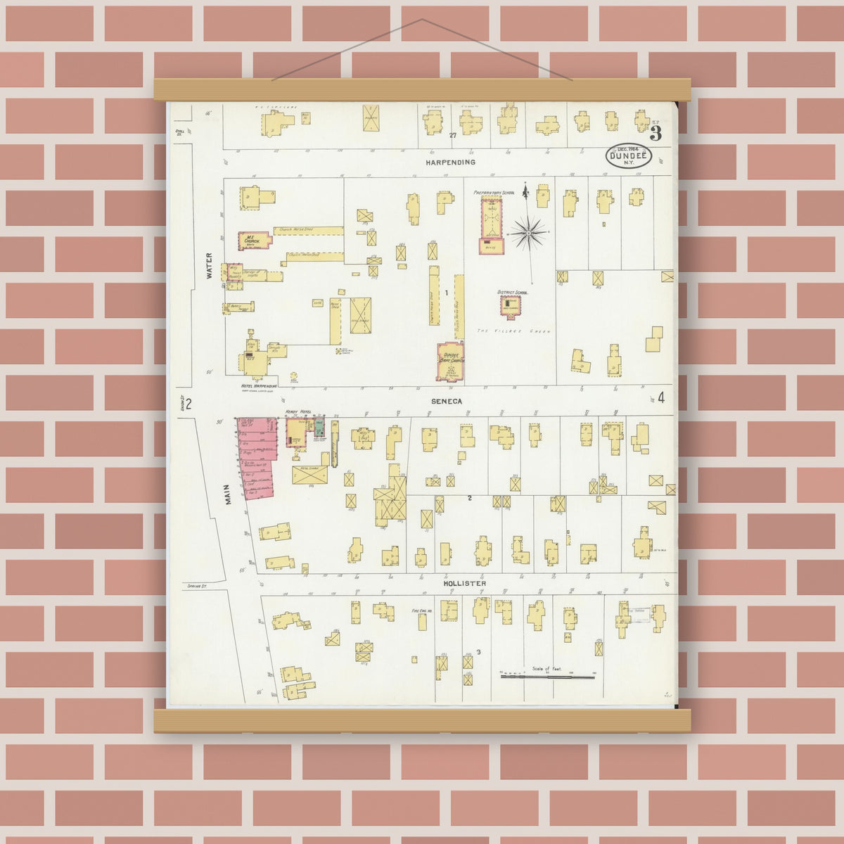 Old map wall art mockup — magnetic wood frame on brick wall — Sanborn Fire Insurance Map from Dundee, Yates County, New York (1904), Sheet #0003