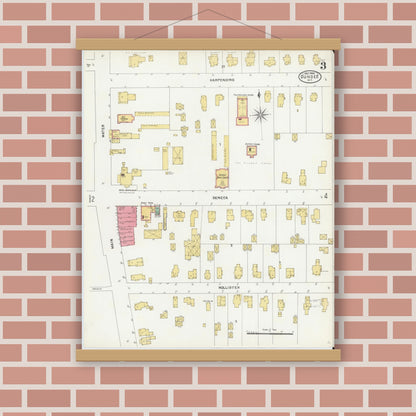 Old map wall art mockup — magnetic wood frame on brick wall — Sanborn Fire Insurance Map from Dundee, Yates County, New York (1904), Sheet #0003