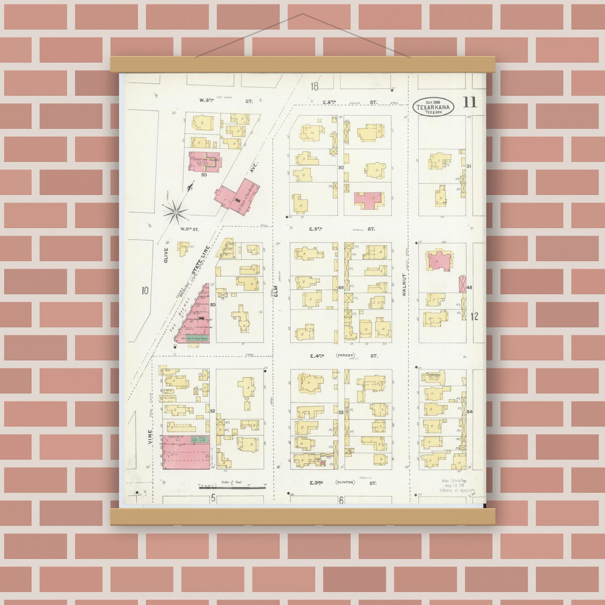 Old map wall art mockup — magnetic wood frame on brick wall — Sanborn Fire Insurance Map from Texarkana, Bowie County, Texas (1905), Sheet #0011