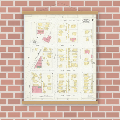 Old map wall art mockup — magnetic wood frame on brick wall — Sanborn Fire Insurance Map from Texarkana, Bowie County, Texas (1905), Sheet #0011