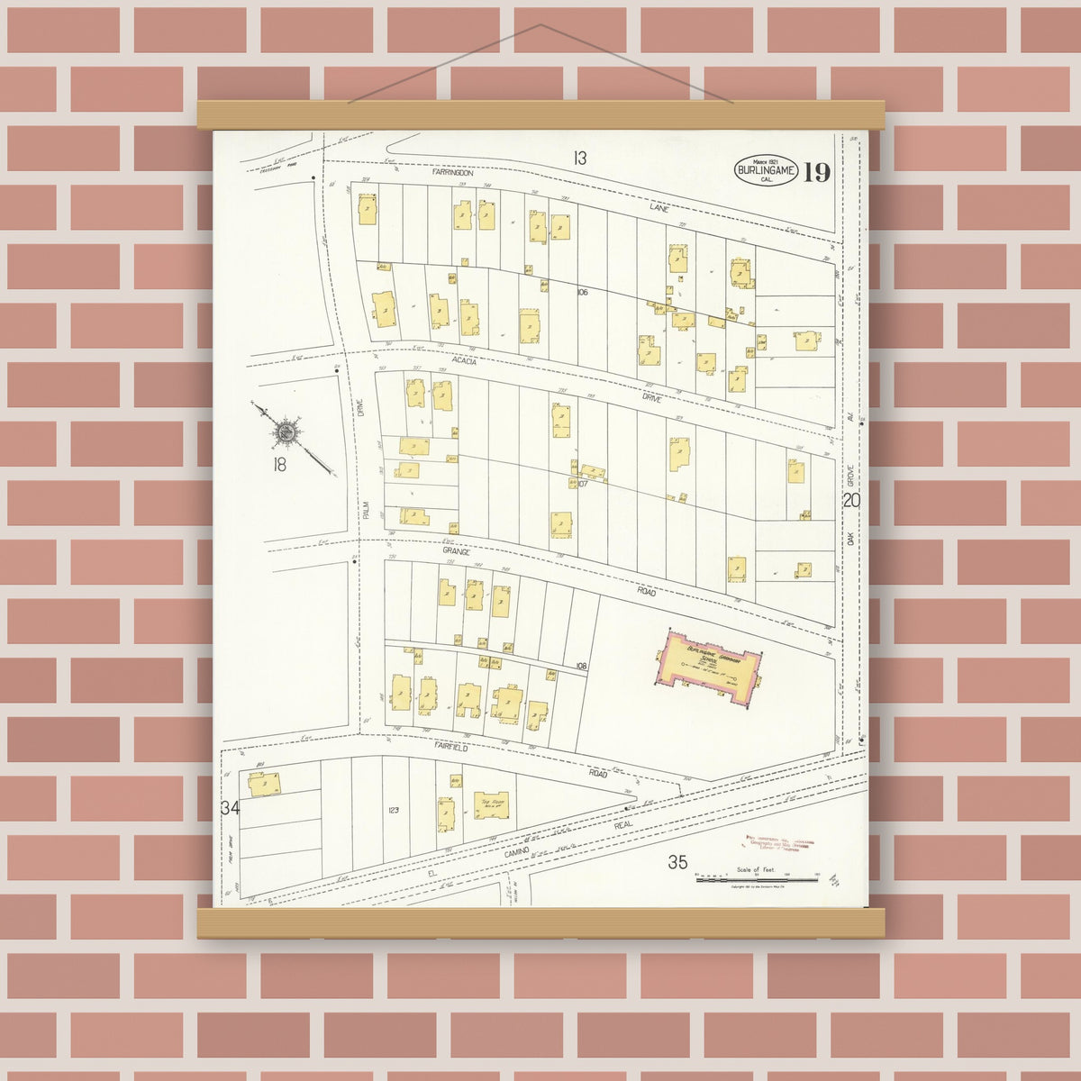 Old map wall art mockup — magnetic wood frame on brick wall — Sanborn Fire Insurance Map from Burlingame, San Mateo County, California (1921), Sheet #0019