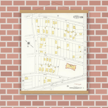 Old map wall art mockup — magnetic wood frame on brick wall — Sanborn Fire Insurance Map from Burlingame, San Mateo County, California (1921), Sheet #0019