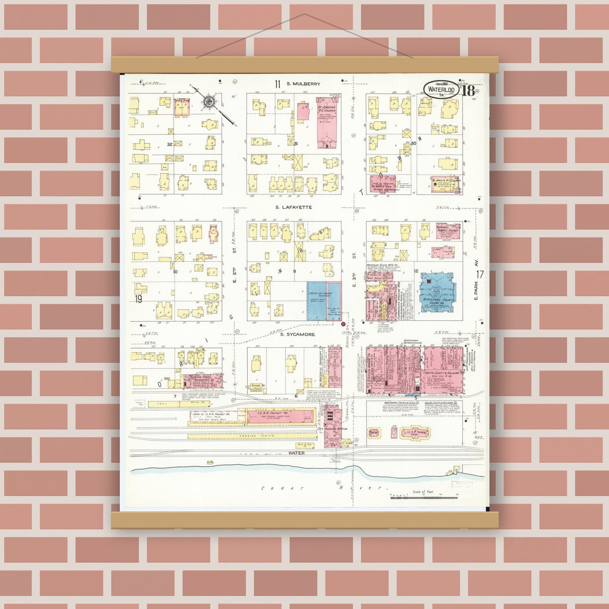 Old map wall art mockup — magnetic wood frame on brick wall — Sanborn Fire Insurance Map from Waterloo, Black Hawk County, Iowa (1910), Sheet #0018