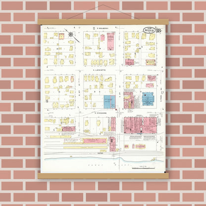 Old map wall art mockup — magnetic wood frame on brick wall — Sanborn Fire Insurance Map from Waterloo, Black Hawk County, Iowa (1910), Sheet #0018