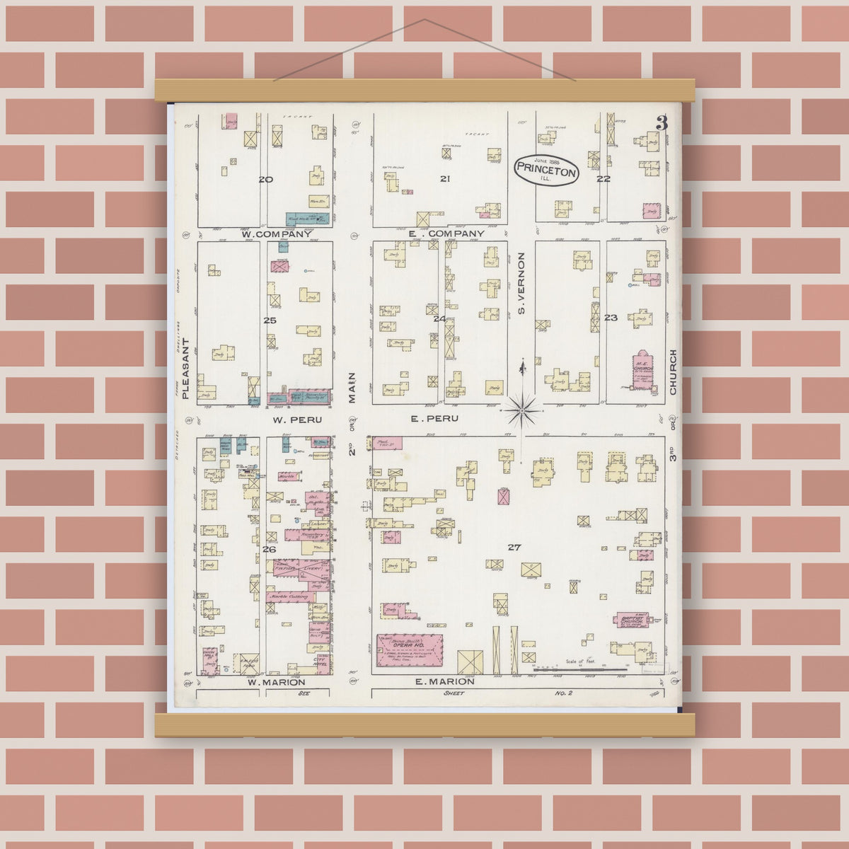 Old map wall art mockup — magnetic wood frame on brick wall — Sanborn Fire Insurance Map from Princeton, Bureau County, Illinois (1885), Sheet #0003