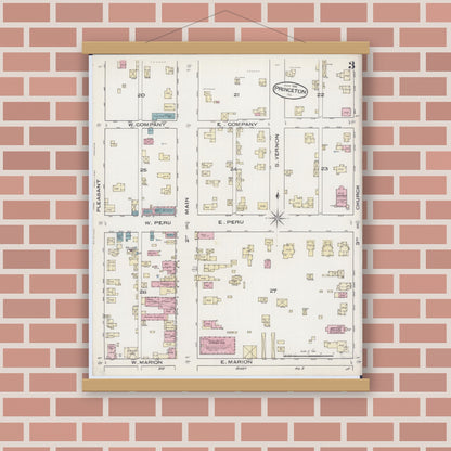Old map wall art mockup — magnetic wood frame on brick wall — Sanborn Fire Insurance Map from Princeton, Bureau County, Illinois (1885), Sheet #0003