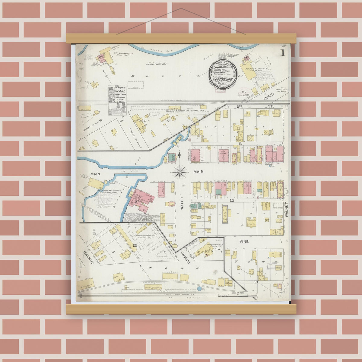 Old map wall art mockup — magnetic wood frame on brick wall — Sanborn Fire Insurance Map from Reedsburg, Sauk County, Wisconsin (1892) - Complete Map Set