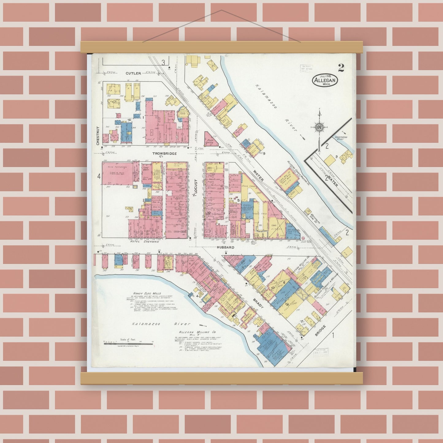 Old map wall art mockup — magnetic wood frame on brick wall — Sanborn Fire Insurance Map from Allegan, Allegan County, Michigan (1918), Sheet #0002