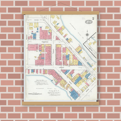 Old map wall art mockup — magnetic wood frame on brick wall — Sanborn Fire Insurance Map from Allegan, Allegan County, Michigan (1918), Sheet #0002