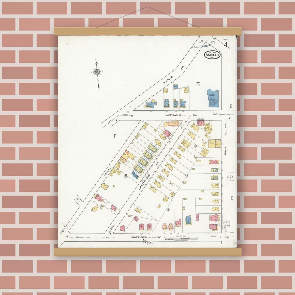 Old map wall art mockup — magnetic wood frame on brick wall — Sanborn Fire Insurance Map from Ambler, Montgomery County, Pennsylvania (1921), Sheet #0004