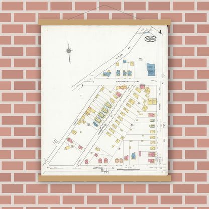 Old map wall art mockup — magnetic wood frame on brick wall — Sanborn Fire Insurance Map from Ambler, Montgomery County, Pennsylvania (1921), Sheet #0004