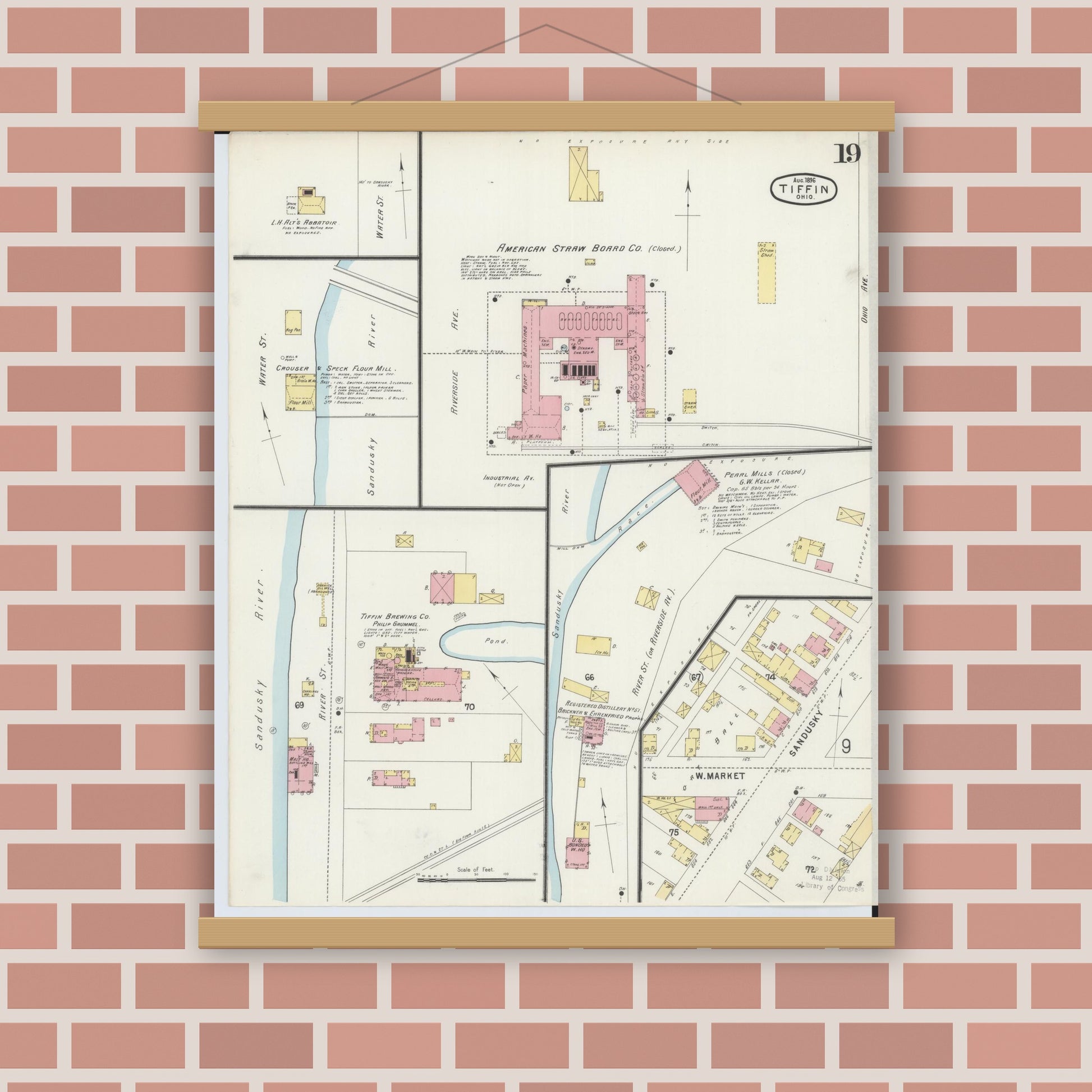 Old map wall art mockup — magnetic wood frame on brick wall — Sanborn Fire Insurance Map from Tiffin, Seneca County, Ohio (1896), Sheet #0019