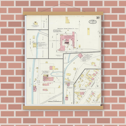 Old map wall art mockup — magnetic wood frame on brick wall — Sanborn Fire Insurance Map from Tiffin, Seneca County, Ohio (1896), Sheet #0019