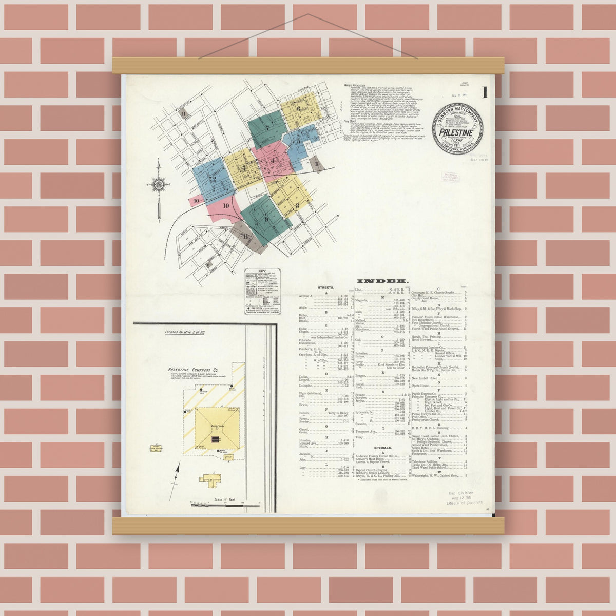 Old map wall art mockup — magnetic wood frame on brick wall — Sanborn Fire Insurance Map from Palestine, Anderson County, Texas (1911), Sheet #0001