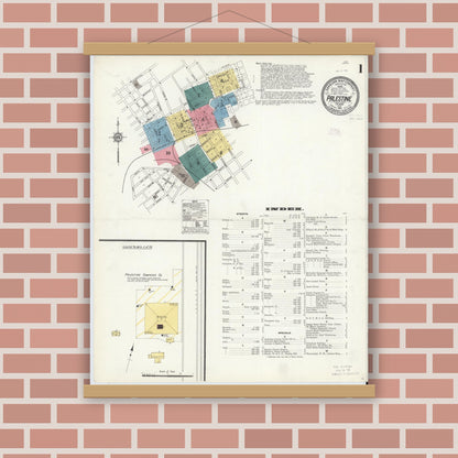 Old map wall art mockup — magnetic wood frame on brick wall — Sanborn Fire Insurance Map from Palestine, Anderson County, Texas (1911), Sheet #0001