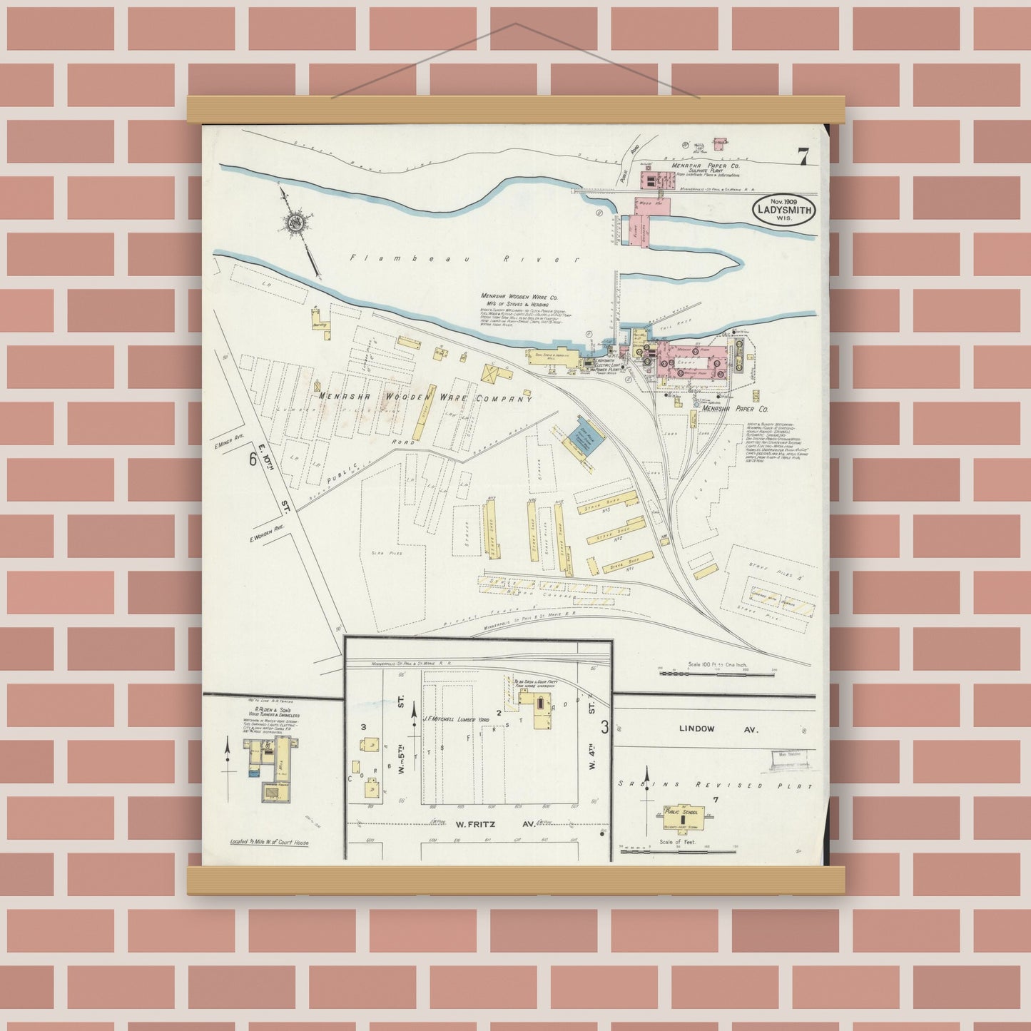 Old map wall art mockup — magnetic wood frame on brick wall — Sanborn Fire Insurance Map from Ladysmith, Rusk County, Wisconsin (1909), Sheet #0007