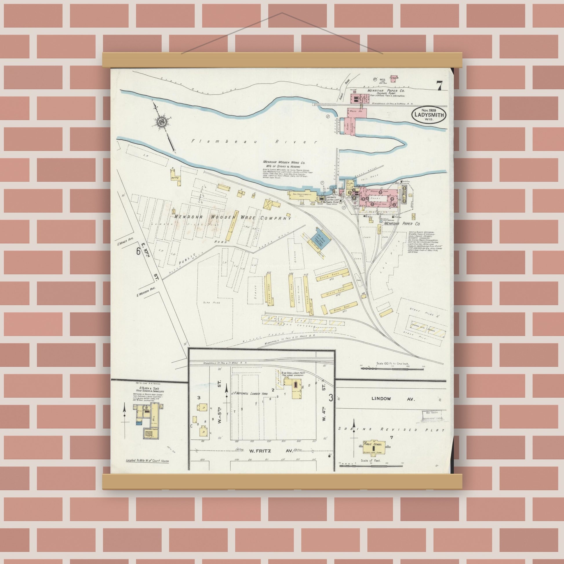 Old map wall art mockup — magnetic wood frame on brick wall — Sanborn Fire Insurance Map from Ladysmith, Rusk County, Wisconsin (1909), Sheet #0007