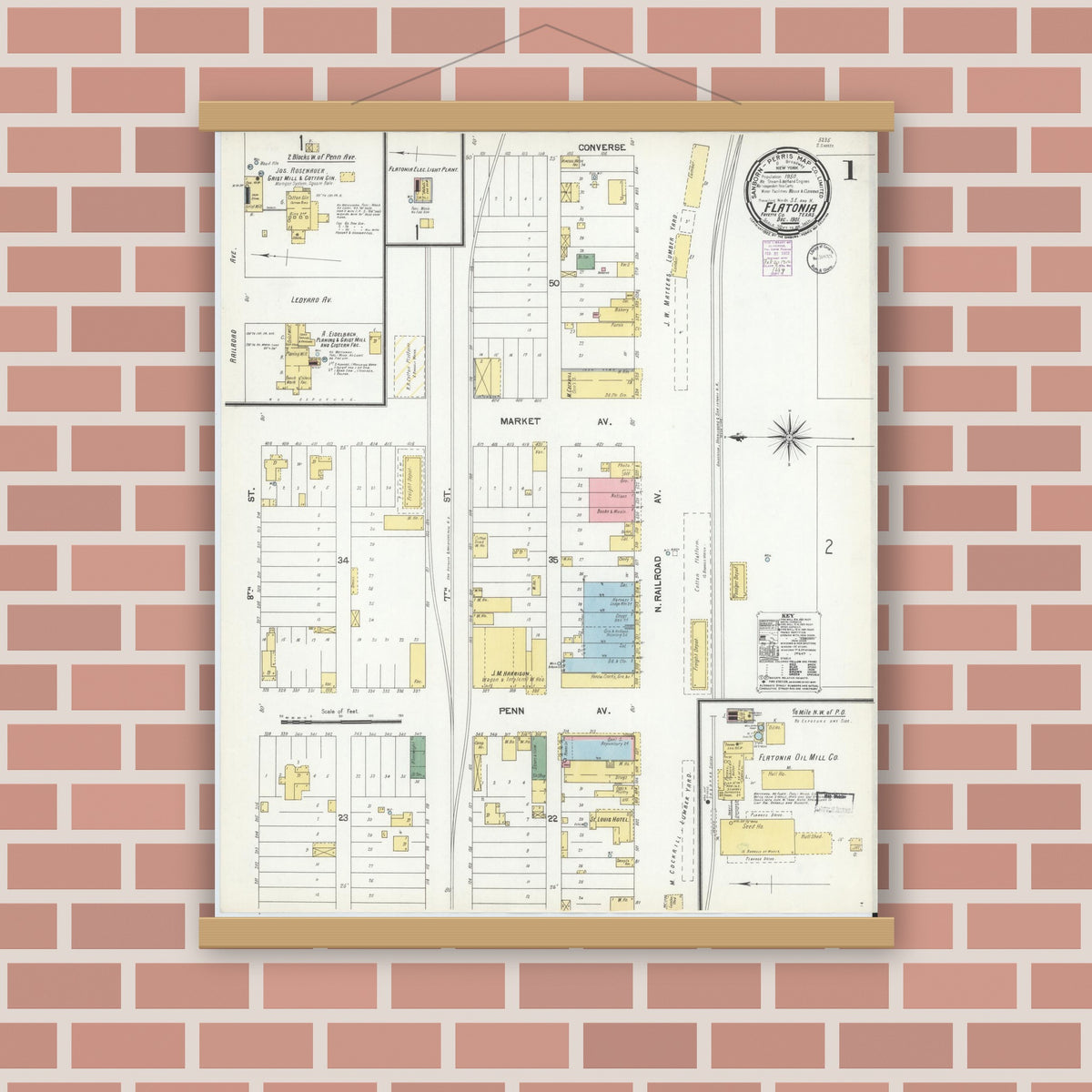 Old map wall art mockup — magnetic wood frame on brick wall — Sanborn Fire Insurance Map from Flatonia, Fayette County, Texas (1901) - Complete Map Set