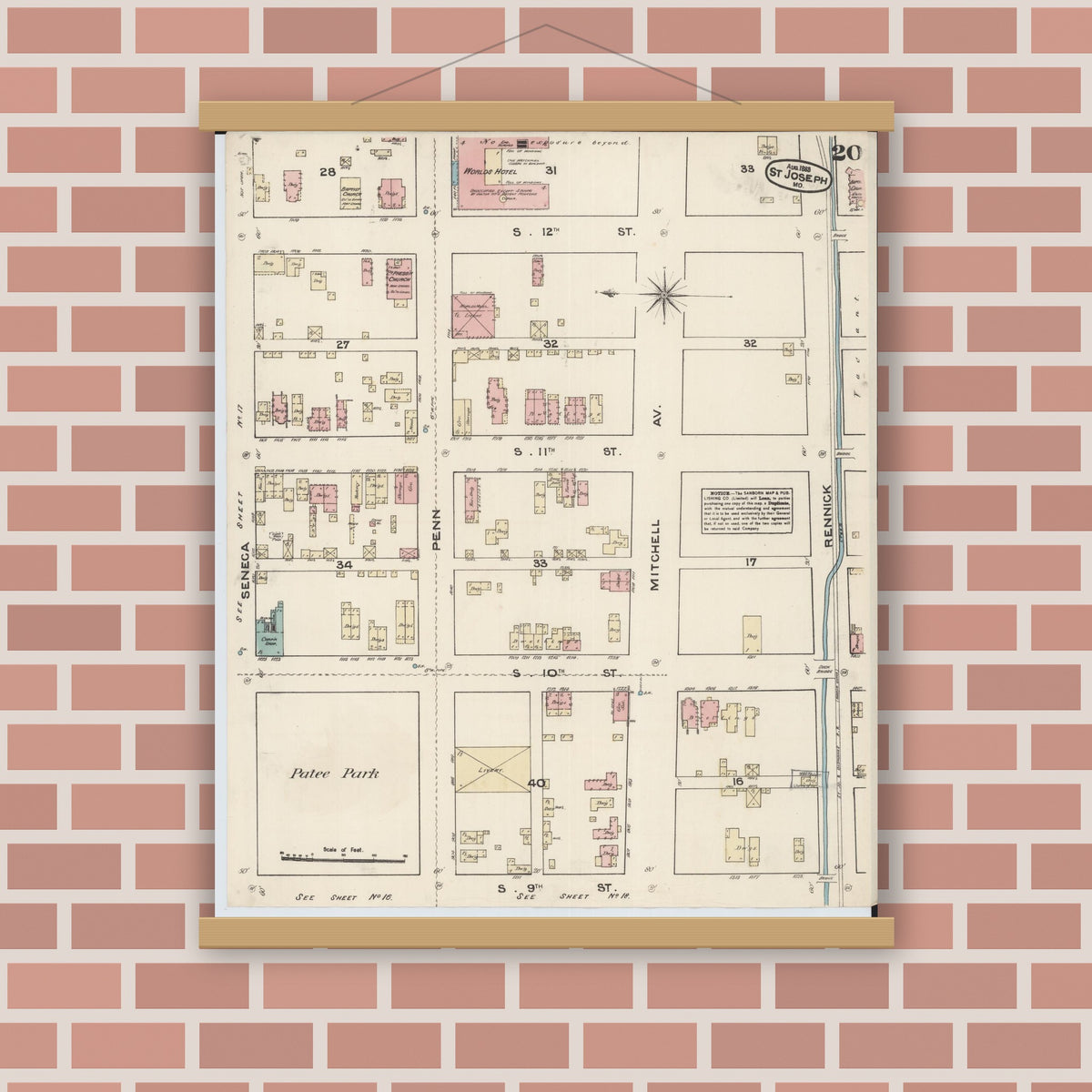 Old map wall art mockup — magnetic wood frame on brick wall — Sanborn Fire Insurance Map from Saint Joseph, Buchanan County, Missouri (1883), Sheet #0020