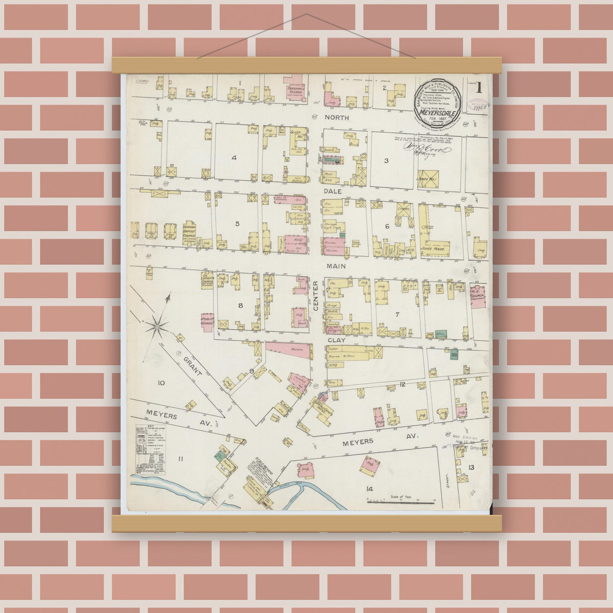 Old map wall art mockup — magnetic wood frame on brick wall — Sanborn Fire Insurance Map from Meyersdale, Somerset County, Pennsylvania (1887) - Complete Map Set