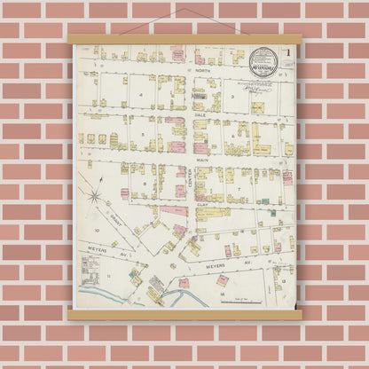 Old map wall art mockup — magnetic wood frame on brick wall — Sanborn Fire Insurance Map from Meyersdale, Somerset County, Pennsylvania (1887) - Complete Map Set