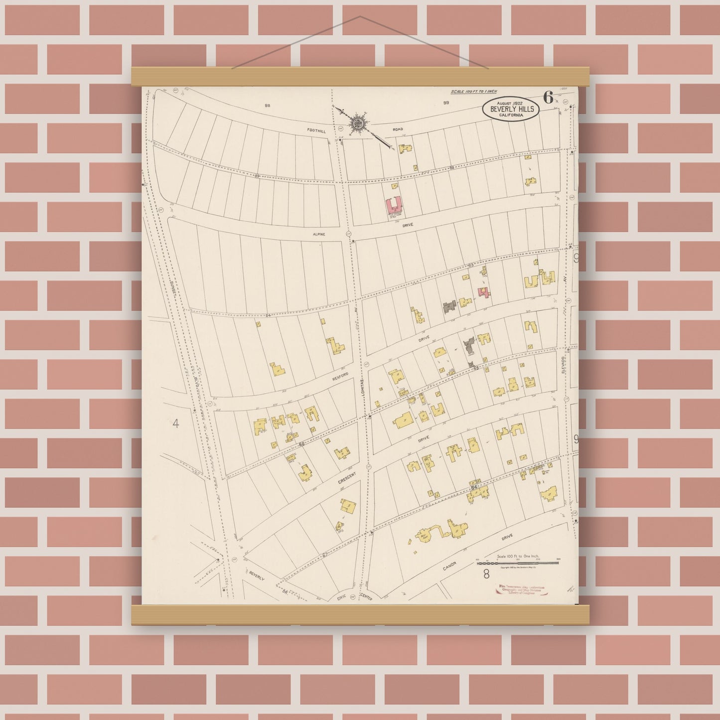 Old map wall art mockup — magnetic wood frame on brick wall — Sanborn Fire Insurance Map from Beverly Hills, Los Angeles County, California (1922), Sheet #0006