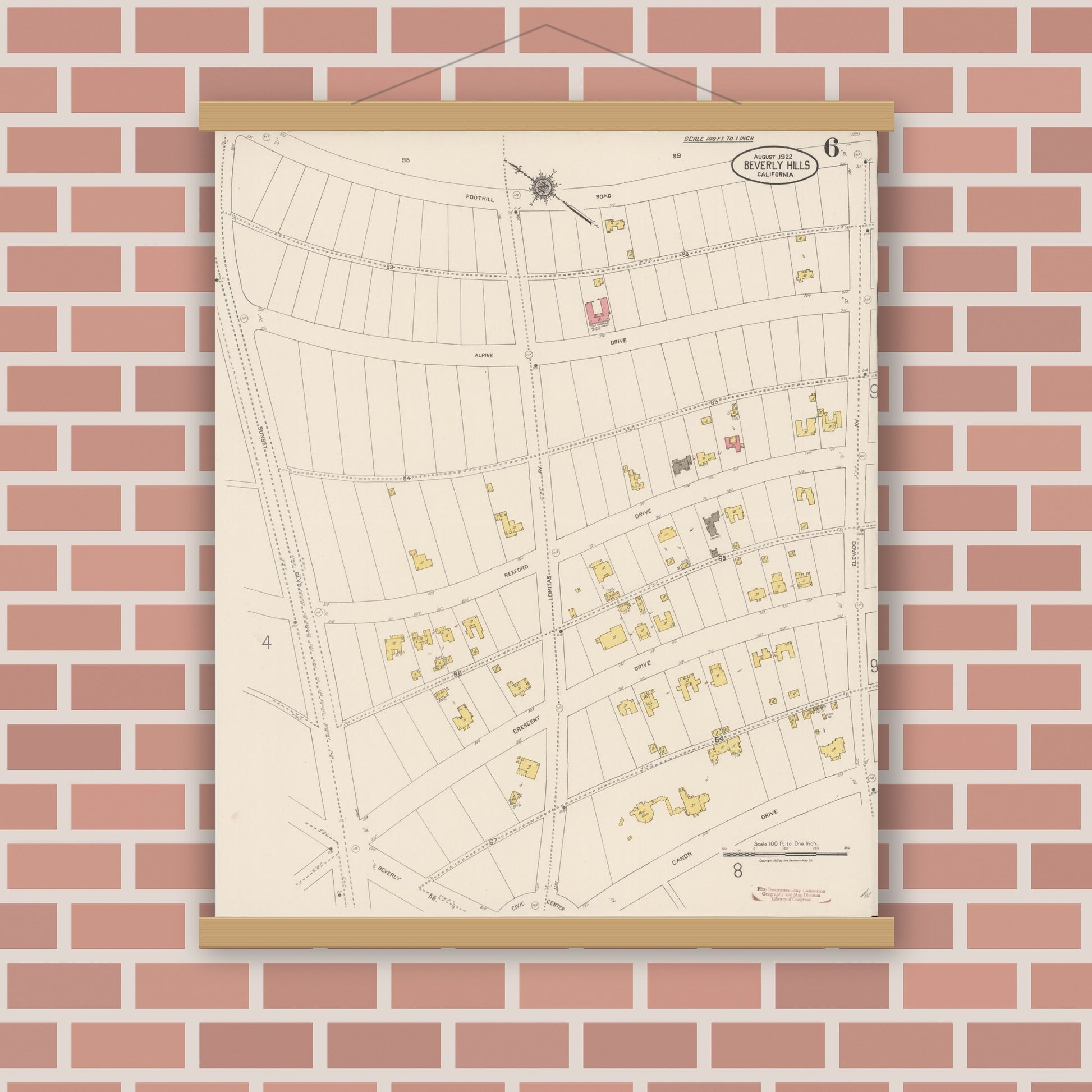 Old map wall art mockup — magnetic wood frame on brick wall — Sanborn Fire Insurance Map from Beverly Hills, Los Angeles County, California (1922), Sheet #0006