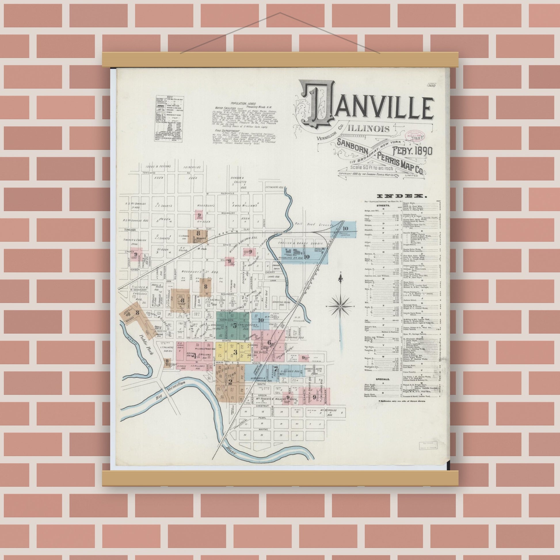 Old map wall art mockup — magnetic wood frame on brick wall — Sanborn Fire Insurance Map from Danville, Vermilion County, Illinois (1890) - Complete Map Set