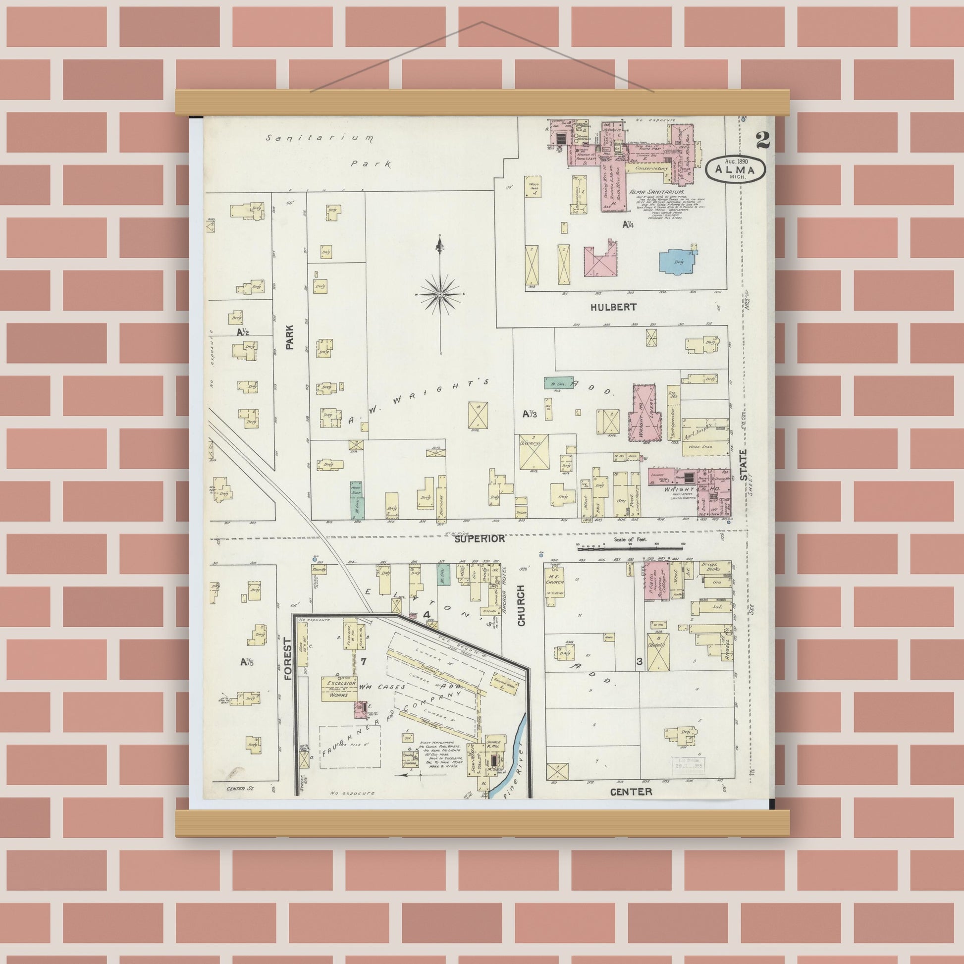 Old map wall art mockup — magnetic wood frame on brick wall — Sanborn Fire Insurance Map from Alma, Gratiot County, Michigan (1890), Sheet #0002