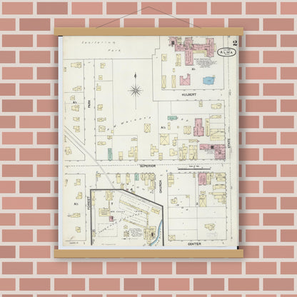 Old map wall art mockup — magnetic wood frame on brick wall — Sanborn Fire Insurance Map from Alma, Gratiot County, Michigan (1890), Sheet #0002