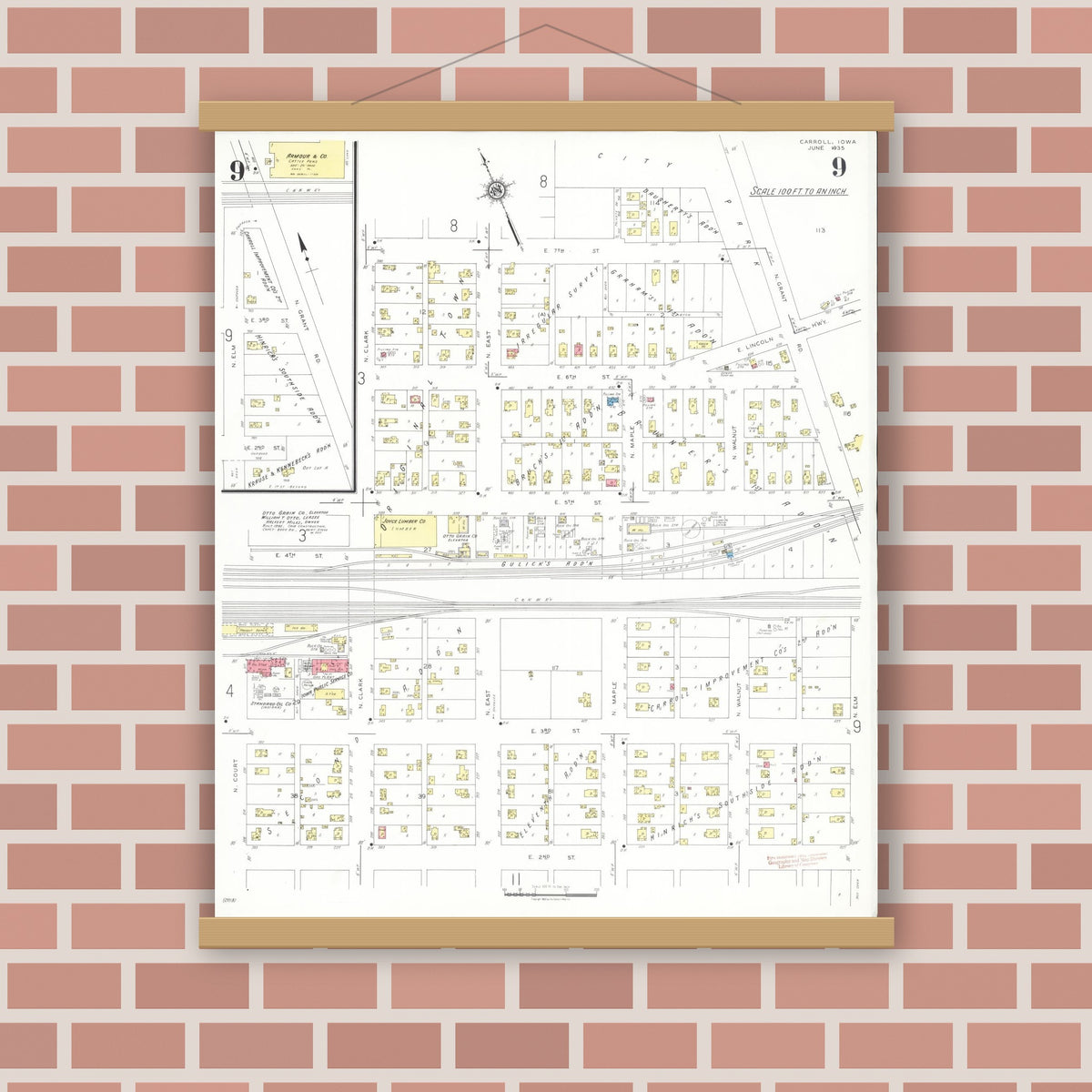 Old map wall art mockup — magnetic wood frame on brick wall — Sanborn Fire Insurance Map from Carroll, Carroll County, Iowa (1935), Sheet #0009