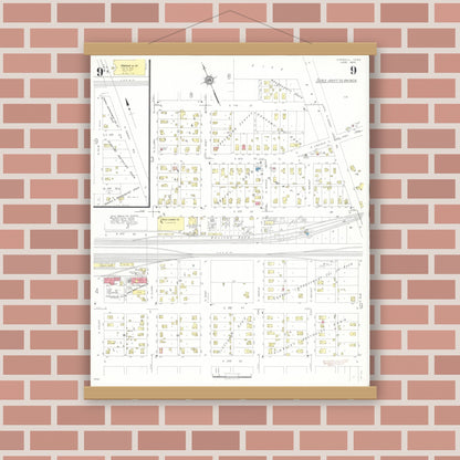 Old map wall art mockup — magnetic wood frame on brick wall — Sanborn Fire Insurance Map from Carroll, Carroll County, Iowa (1935), Sheet #0009