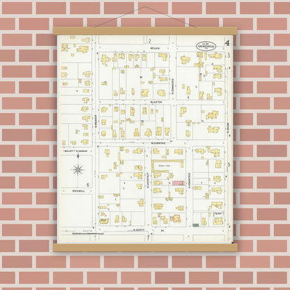 Old map wall art mockup — magnetic wood frame on brick wall — Sanborn Fire Insurance Map from Gainesville, Cooke County, Texas (1902), Sheet #0004