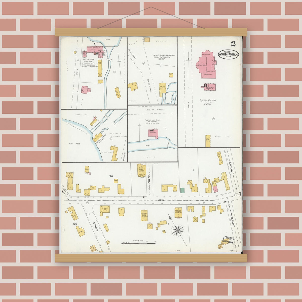Old map wall art mockup — magnetic wood frame on brick wall — Sanborn Fire Insurance Map from Ashburnham, Worcester County, Massachusetts (1904), Sheet #0002