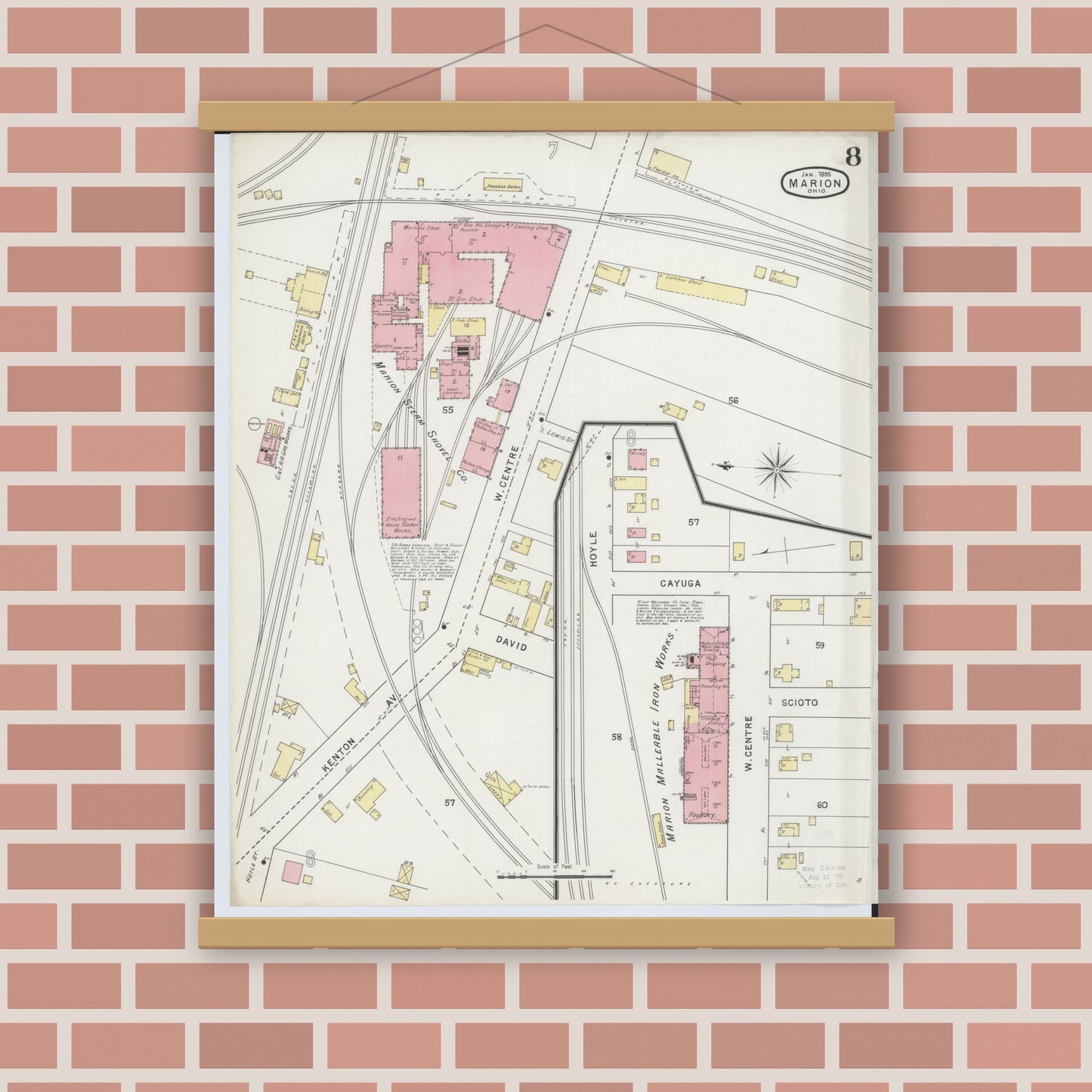 Old map wall art mockup — magnetic wood frame on brick wall — Sanborn Fire Insurance Map from Marion, Marion County, Ohio (1895), Sheet #0008