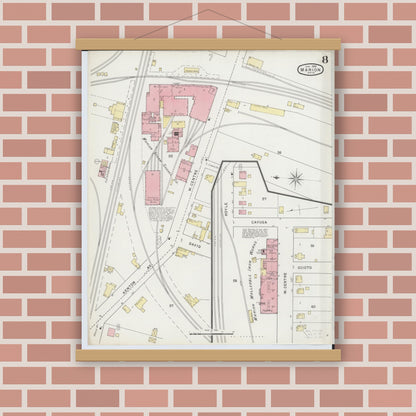 Old map wall art mockup — magnetic wood frame on brick wall — Sanborn Fire Insurance Map from Marion, Marion County, Ohio (1895), Sheet #0008